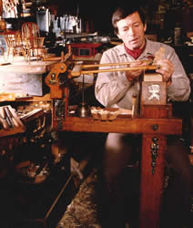 Stuart King at the marquetry cutter's donkey
