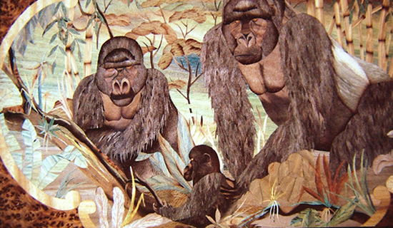 A marquetry panel of gorillas, all knife work by Stuart King